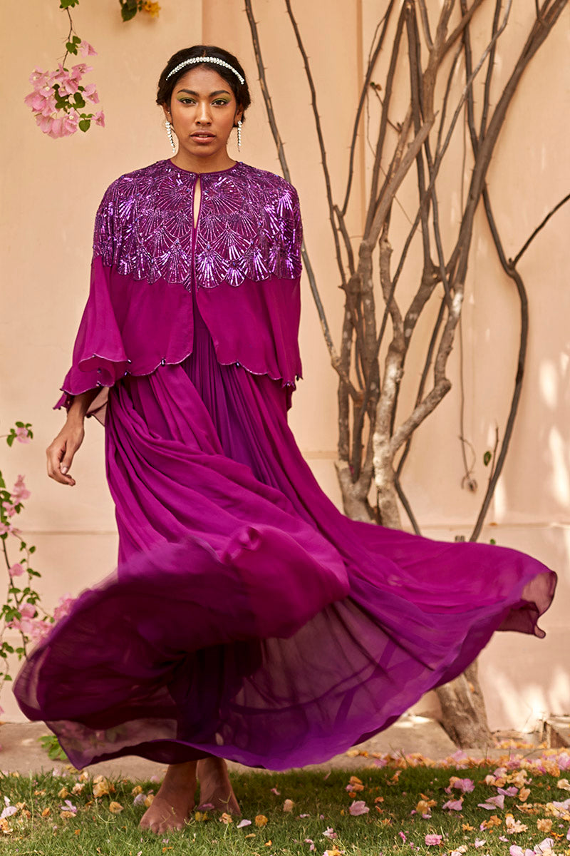 Purple Embroidered Cape & Drape Gown Purple Embroidered Cape & Drape Gown