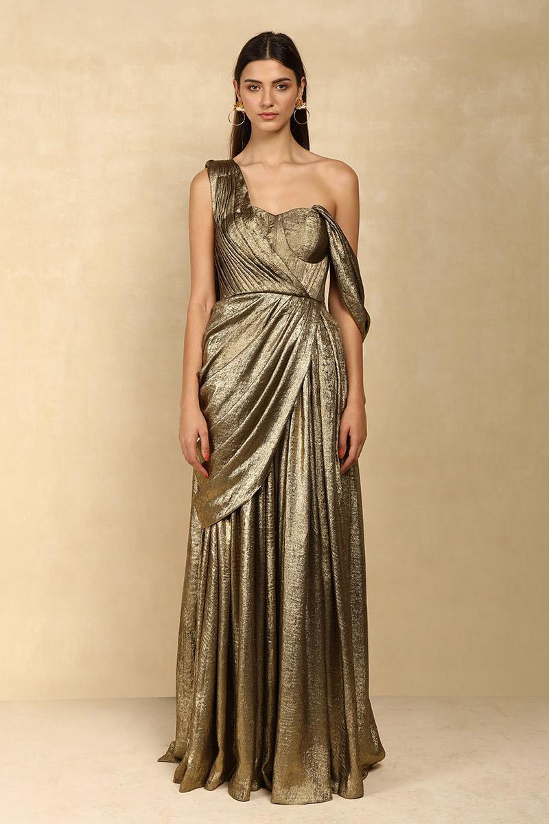 METALLIC GOLD DRAPE EVENING GOWN WITH CORSET METALLIC GOLD DRAPE EVENING GOWN WITH CORSET