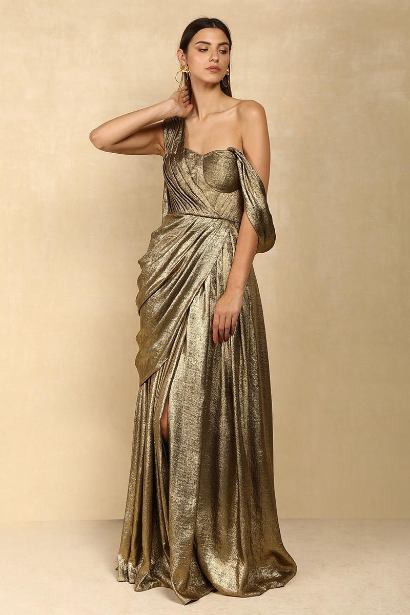 gold drape dress Gold Draped Sari Gown