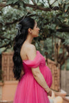 Off Shoulder Ruched Bodice Tulle Midi Dress