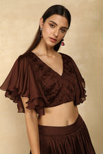 CHIFFON RUCHED BLOUSE WITH FLARED SLEEVES PAIRED WITH CHIFFON FLARED SKIRT