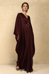 WINE SATIN KAFTAN DRESS WITH PEARL EMBELLISHMENTS