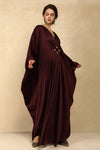 WINE SATIN KAFTAN DRESS WITH PEARL EMBELLISHMENTS