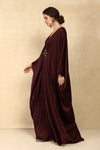 WINE SATIN KAFTAN DRESS WITH PEARL EMBELLISHMENTS