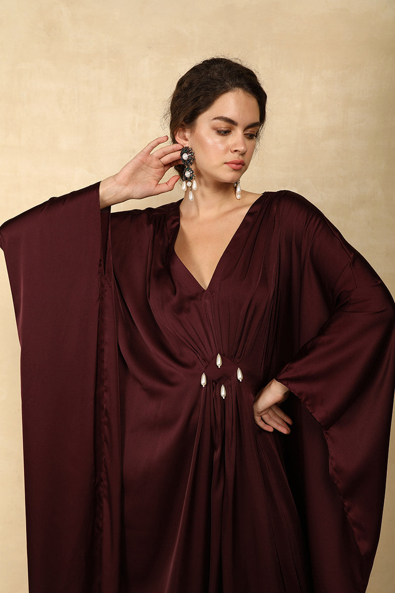 WINE SATIN KAFTAN DRESS WITH PEARL EMBELLISHMENTS WINE SATIN KAFTAN DRESS WITH PEARL EMBELLISHMENTS