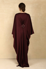 WINE SATIN KAFTAN DRESS WITH PEARL EMBELLISHMENTS