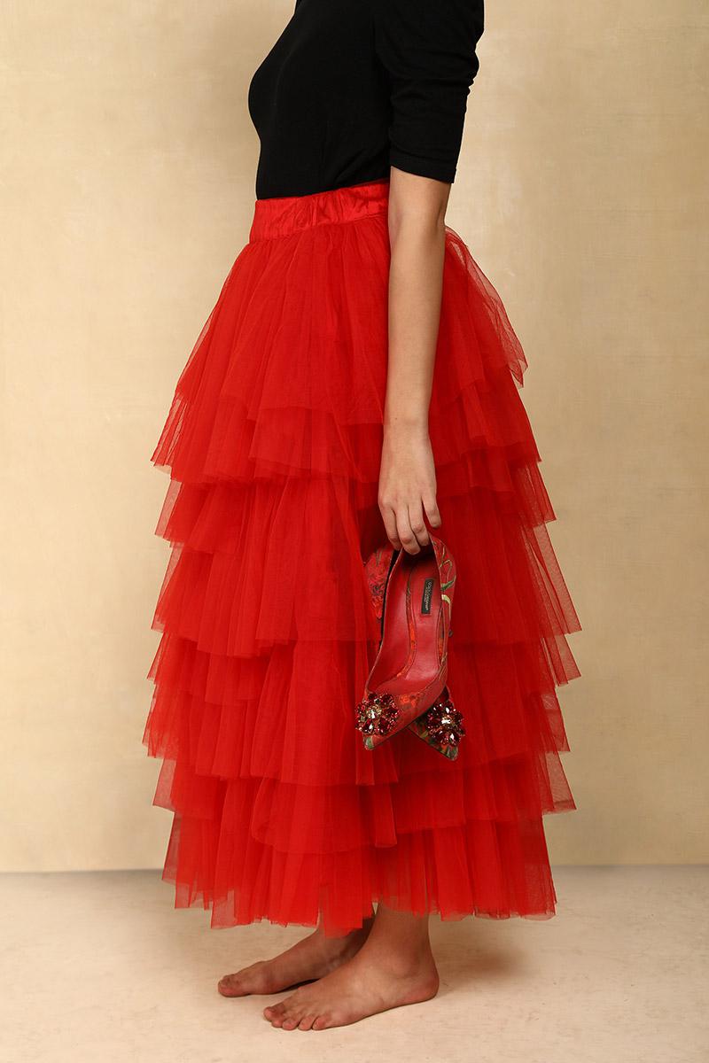 RED TULLE TIERED SKIRT