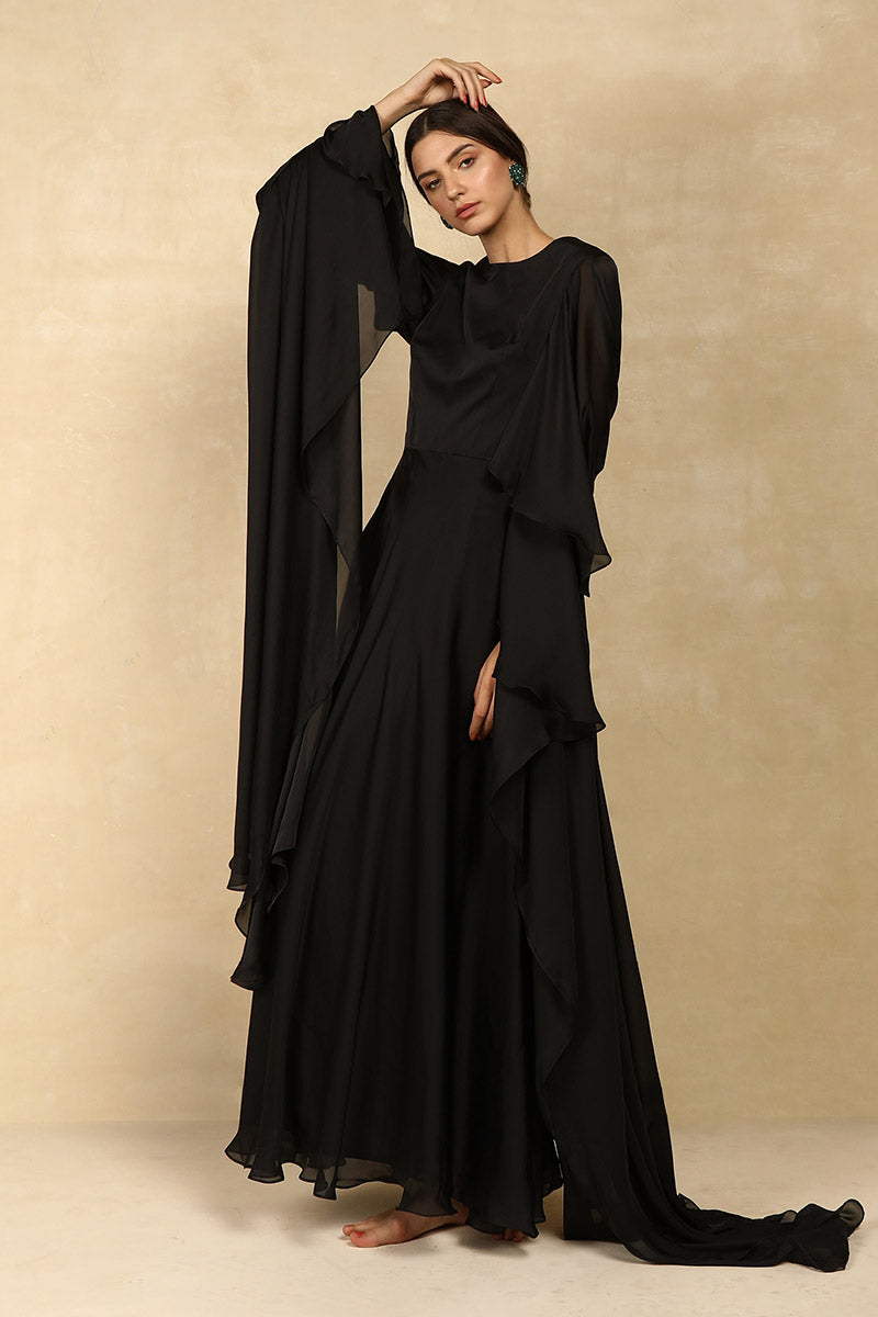 CHIFFON EVENING GOWN WITH FLOOR LENGTH SLEEVES