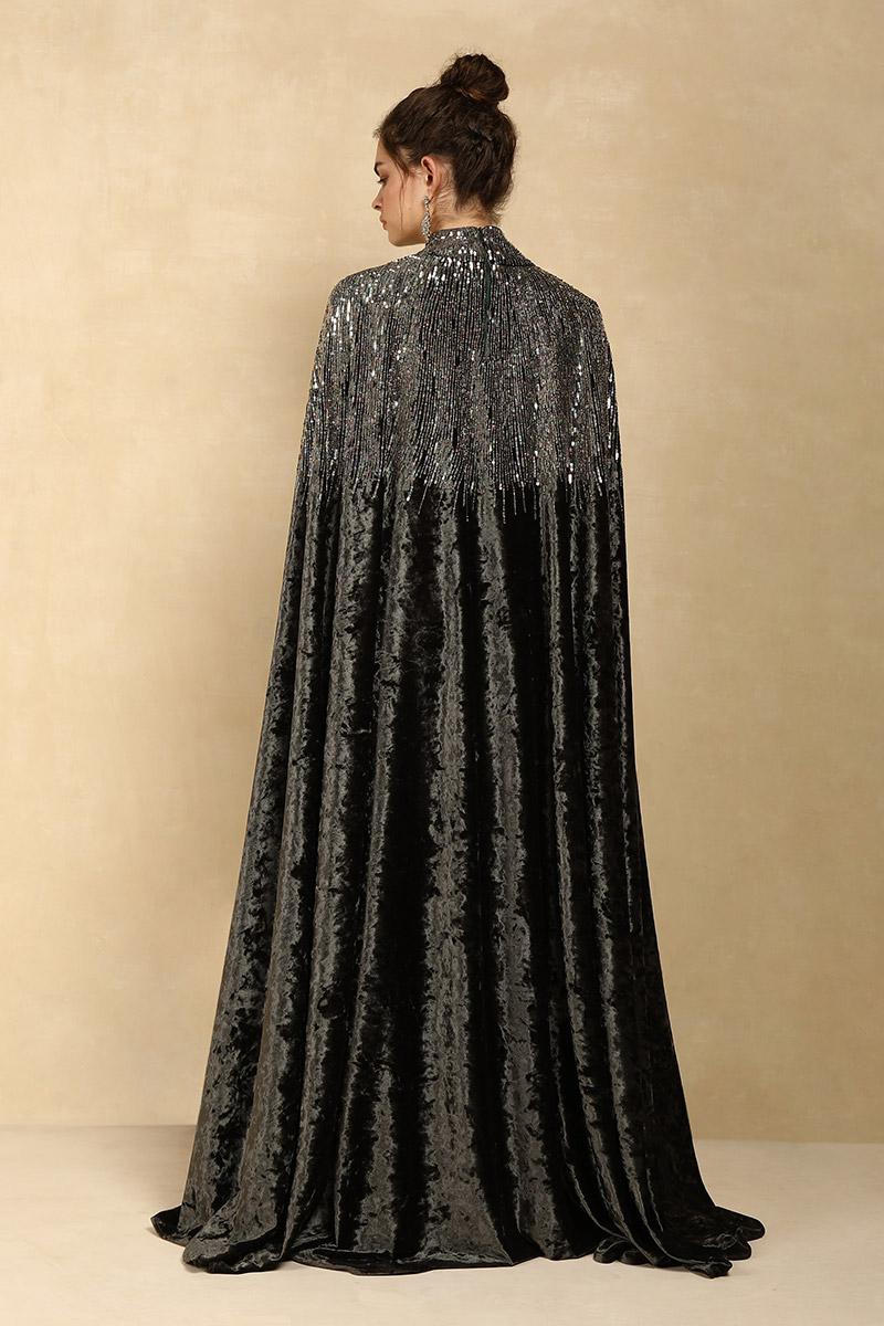 Cape Sleeves Silver Evening Gown – LORETA