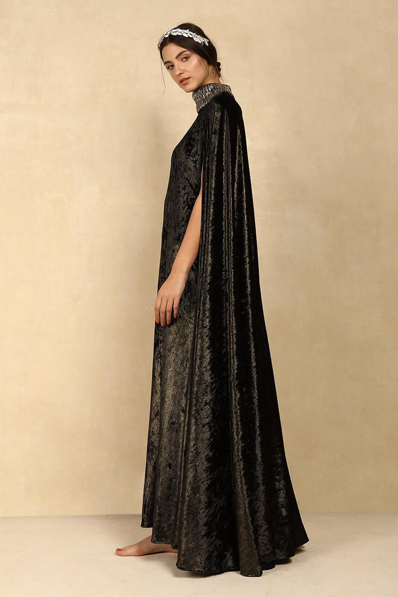 GOLD FOILED CAPE ATTACHED MAXI GOWN