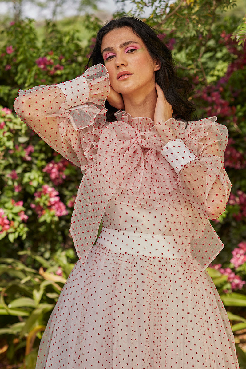 Polka Dotted Bow Organza Blouse & Midi Skirt Set Polka Dotted Bow Organza Blouse & Midi Skirt Set