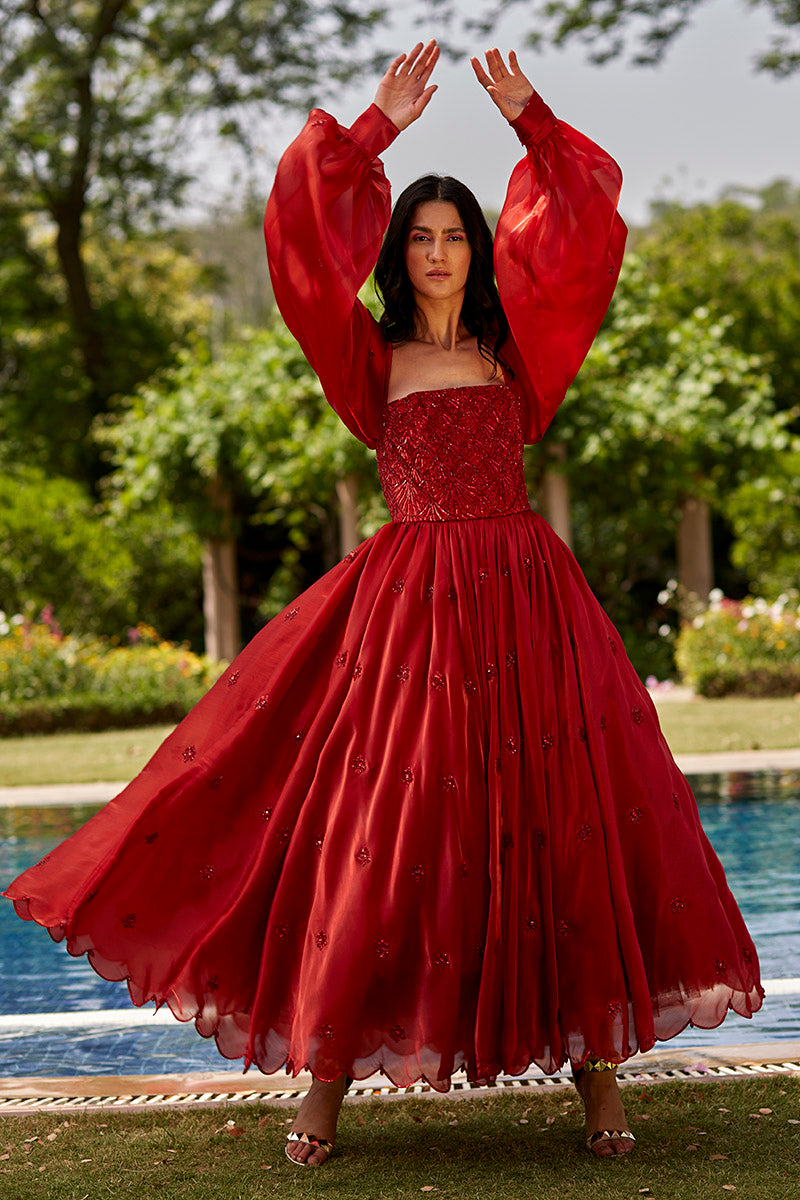 Red Embroidered Gown