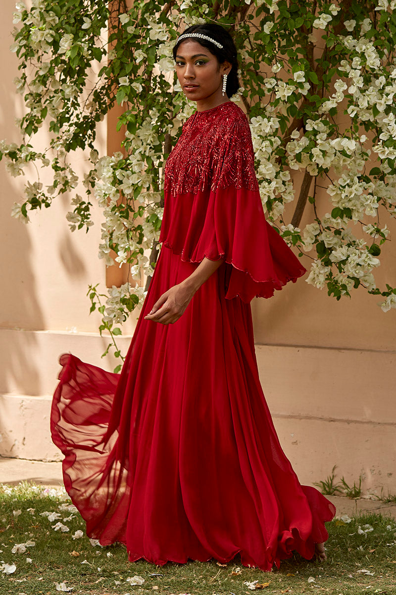 Red Embroidered Cape & Sharara Pants