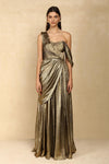 METALLIC GOLD DRAPE EVENING GOWN WITH CORSET