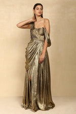 METALLIC GOLD DRAPE EVENING GOWN WITH CORSET