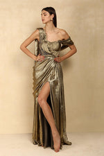 METALLIC GOLD DRAPE EVENING GOWN WITH CORSET