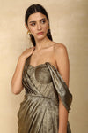 METALLIC GOLD DRAPE EVENING GOWN WITH CORSET