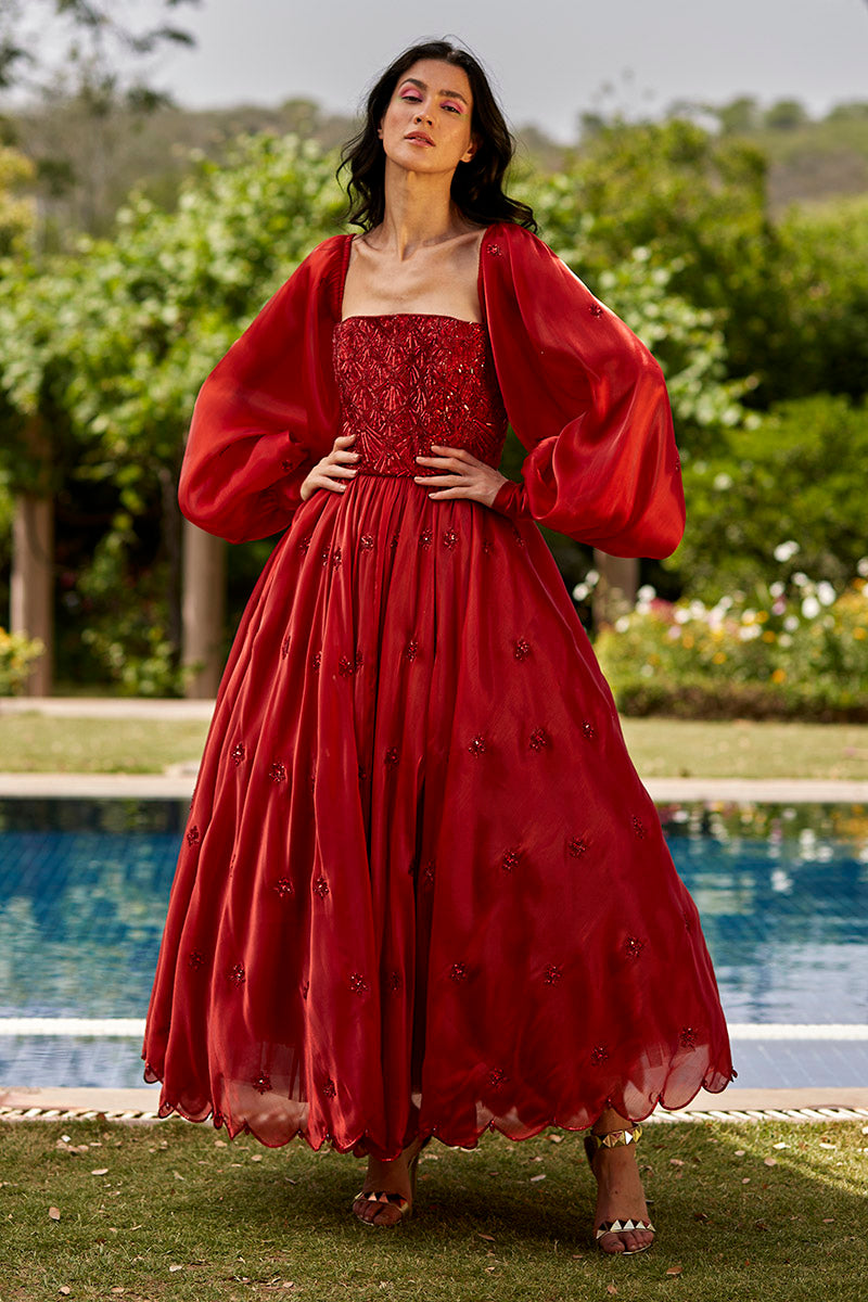 Red Embroidered Gown